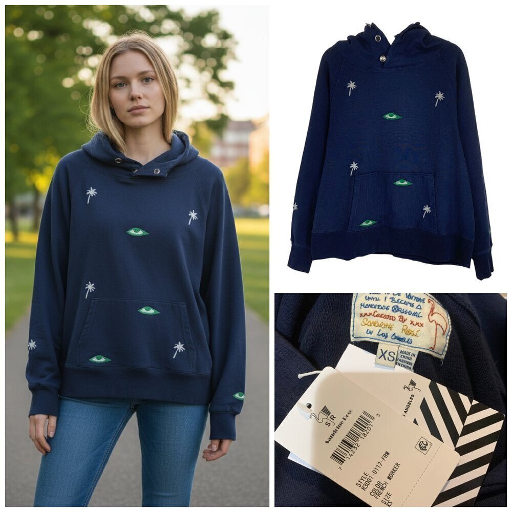 New Sandrine Rose x Free People Sz S Navy Embroidered Novelty Sweatshirt NWT